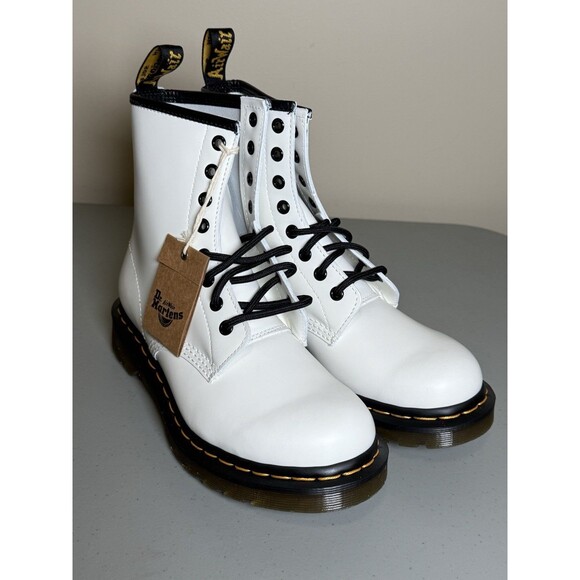 DR MARTENS Women 8 US White Faux Leather 1460 Kemble Lace Up Combat Boots NEW - Picture 1 of 8